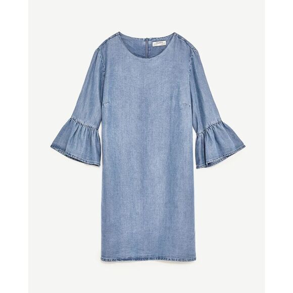 Zara Woman Premium Denim Collection chambray 3/4 bell sleeve dress Size Small - Picture 3 of 7
